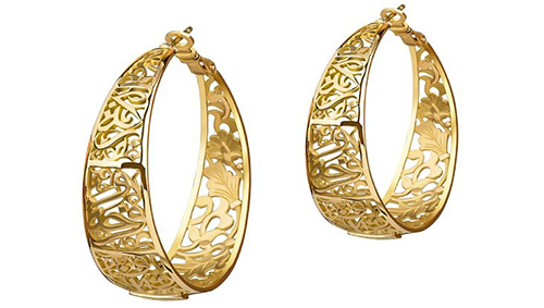 18kt Gold hoop earrings adorned with hand-pierced floral motifs and calligraphy, Azza Fahmy